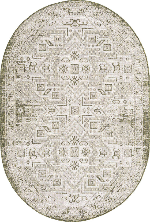 Green 5' 3 x 8' Outdoor Aztec Oval Area Rug Weather Resistant for Patio, Deck, Terrace, Balcony, Porch 100% Polypropylene Traditional Carpet Mat for Sale at Rug Engine