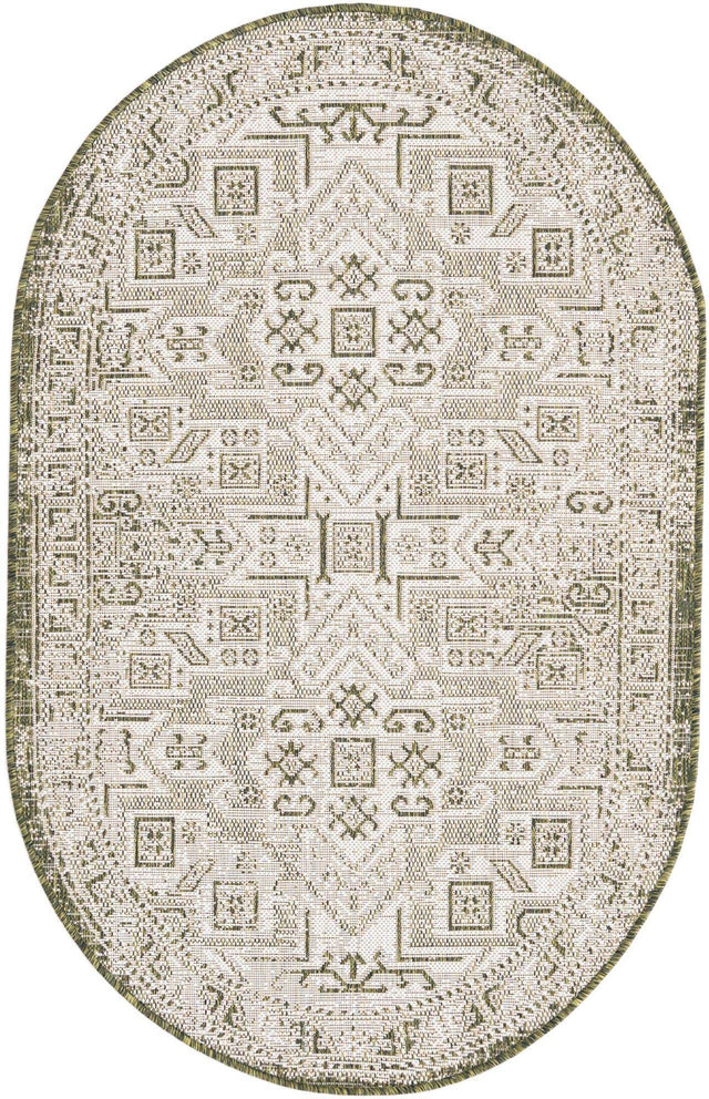 Green 3' 1 x 5' 3 Outdoor Aztec Oval Area Rug Weather Resistant for Patio, Deck, Terrace, Balcony, Porch 100% Polypropylene Traditional Carpet Mat for Sale at Rug Engine