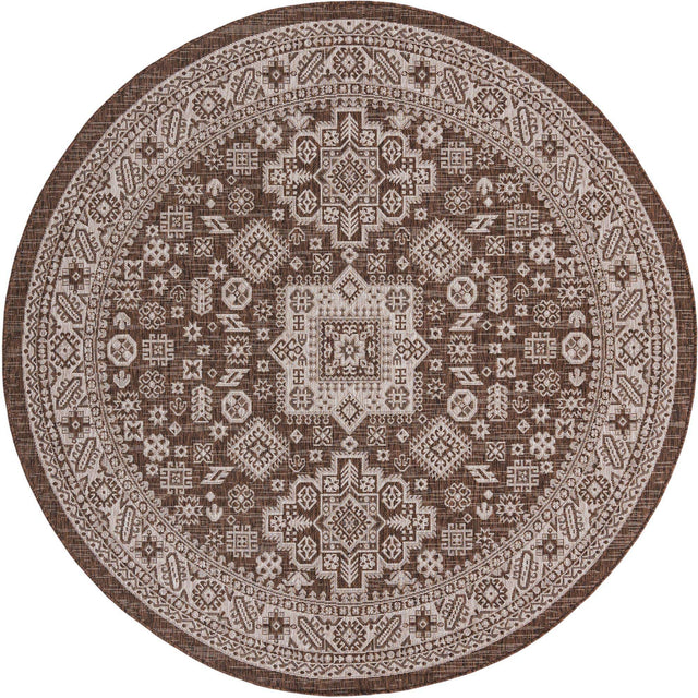 Brown 7' 10 x 7' 10 Outdoor Aztec Round Area Rug Weather Resistant for Patio, Deck, Terrace, Balcony, Porch 100% Polypropylene Traditional Carpet Mat for Sale at Rug Engine