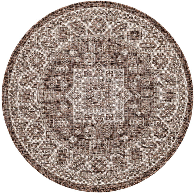 Brown 3' 1 x 3' 1 Outdoor Aztec Round Area Rug Weather Resistant for Patio, Deck, Terrace, Balcony, Porch 100% Polypropylene Traditional Carpet Mat for Sale at Rug Engine
