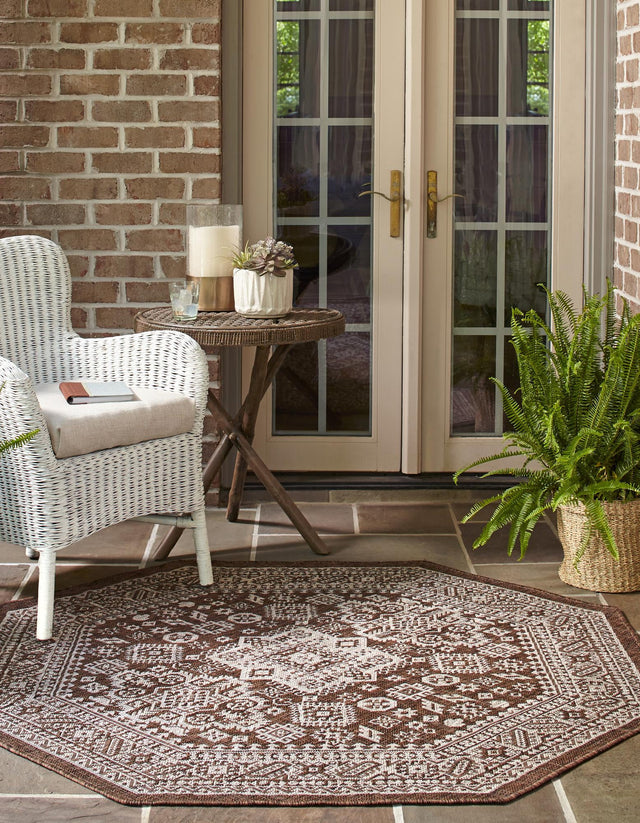 Brown 5' 3 x 5' 3 Outdoor Aztec Octagon Area Rug Weather Resistant for Patio, Deck, Terrace, Balcony, Porch 100% Polypropylene Traditional Carpet Mat for Sale at Rug Engine