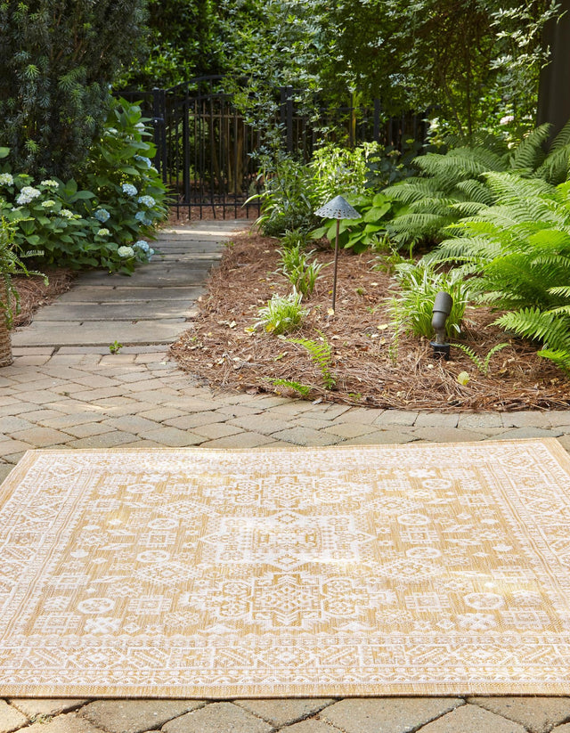Natural 7' 10 x 7' 10 Outdoor Aztec Square Area Rug Weather Resistant for Patio, Deck, Terrace, Balcony, Porch 100% Polypropylene Traditional Carpet Mat for Sale at Rug Engine