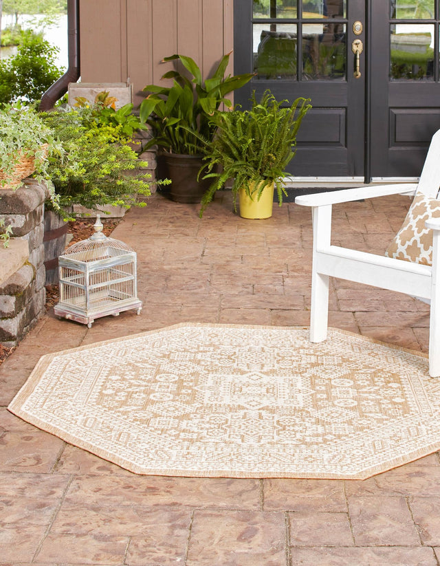 Natural 5' 3 x 5' 3 Outdoor Aztec Octagon Area Rug Weather Resistant for Patio, Deck, Terrace, Balcony, Porch 100% Polypropylene Traditional Carpet Mat for Sale at Rug Engine