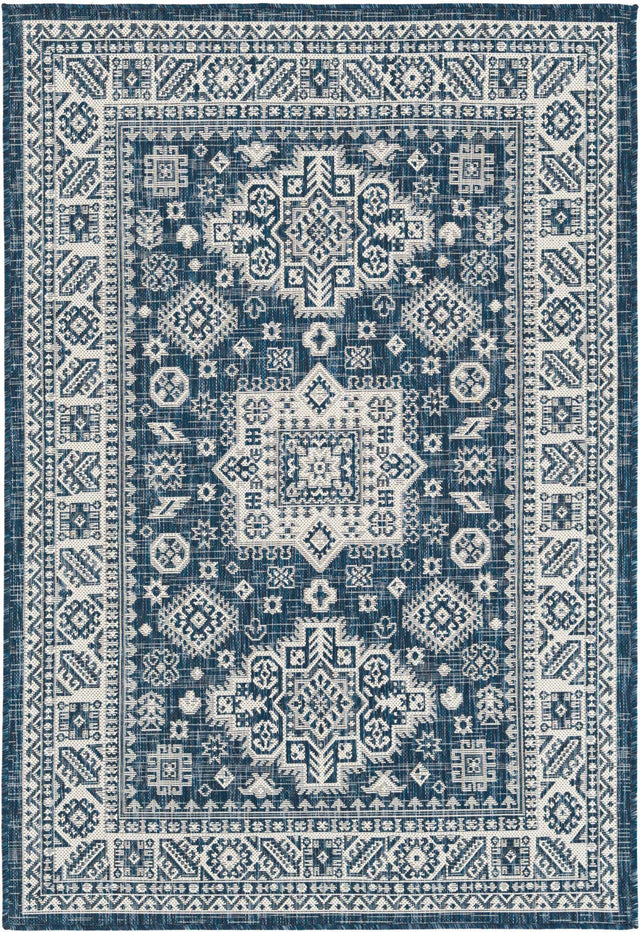Blue 4' 1 x 6' 1 Outdoor Aztec Rectangle Area Rug Weather Resistant for Patio, Deck, Terrace, Balcony, Porch 100% Polypropylene Traditional Carpet Mat for Sale at Rug Engine