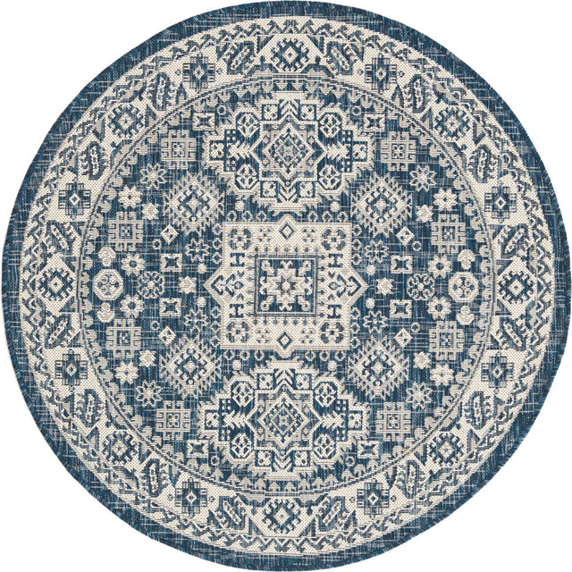 Blue 4' 1 x 4' 1 Outdoor Aztec Round Area Rug Weather Resistant for Patio, Deck, Terrace, Balcony, Porch 100% Polypropylene Traditional Carpet Mat for Sale at Rug Engine