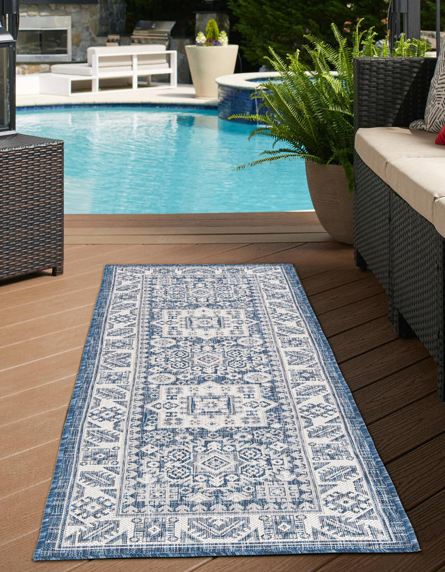 Blue 2' x 6' 1 Outdoor Aztec Runner Area Rug Weather Resistant for Patio, Deck, Terrace, Balcony, Porch 100% Polypropylene Traditional Carpet Mat for Sale at Rug Engine