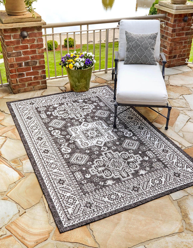 Charcoal Gray 1' 4 x 1' 4 Outdoor Aztec Sample Area Rug Weather Resistant for Patio, Deck, Terrace, Balcony, Porch 100% Polypropylene Traditional Carpet Mat for Sale at Rug Engine
