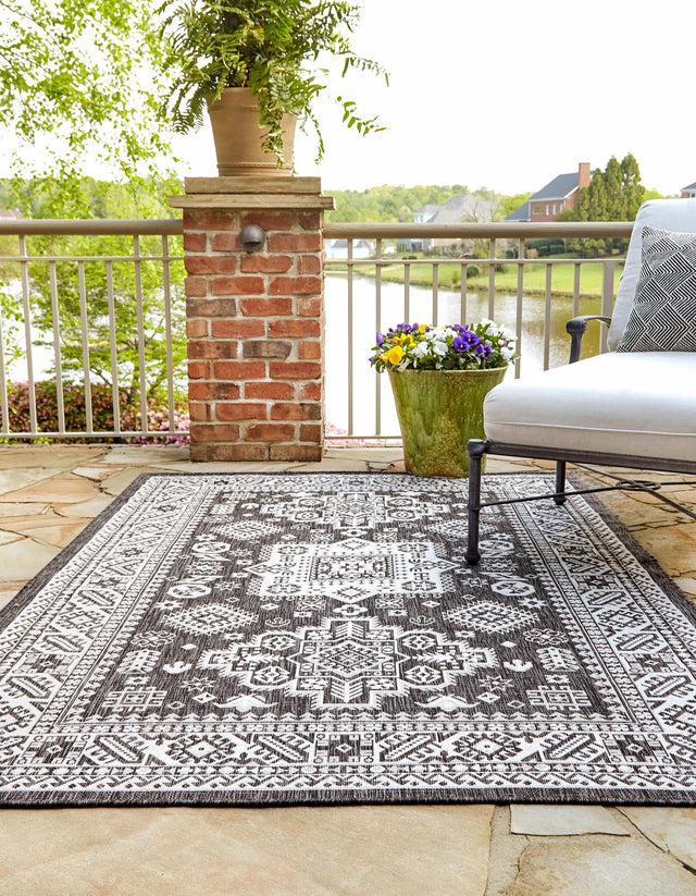 Charcoal Gray 7' 10 x 10' Outdoor Aztec Rectangle Area Rug Weather Resistant for Patio, Deck, Terrace, Balcony, Porch 100% Polypropylene Traditional Carpet Mat for Sale at Rug Engine