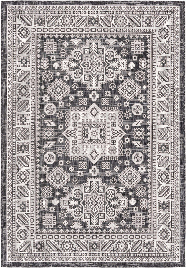 Charcoal Gray 4' 1 x 6' 1 Outdoor Aztec Rectangle Area Rug Weather Resistant for Patio, Deck, Terrace, Balcony, Porch 100% Polypropylene Traditional Carpet Mat for Sale at Rug Engine
