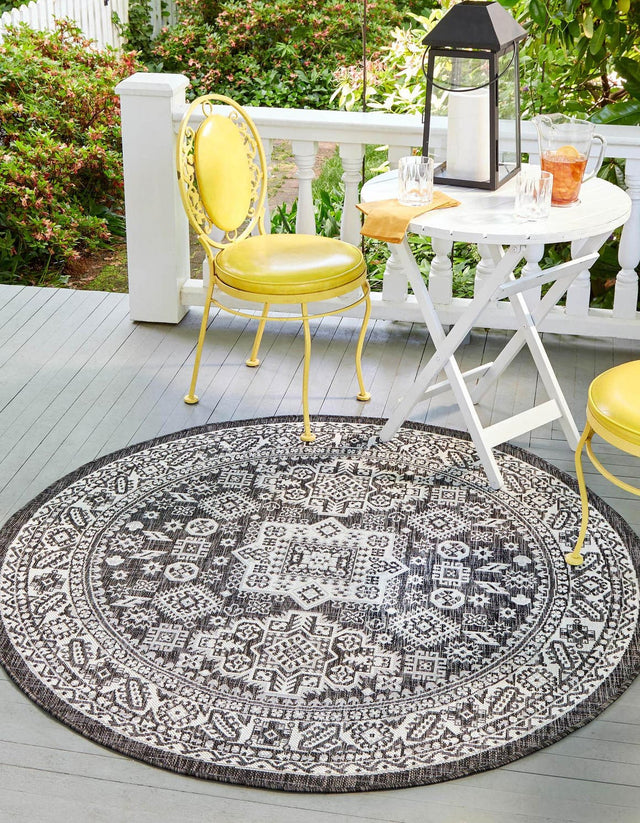 Charcoal Gray 13' 1 x 13' 1 Outdoor Aztec Round Area Rug Weather Resistant for Patio, Deck, Terrace, Balcony, Porch 100% Polypropylene Traditional Carpet Mat for Sale at Rug Engine