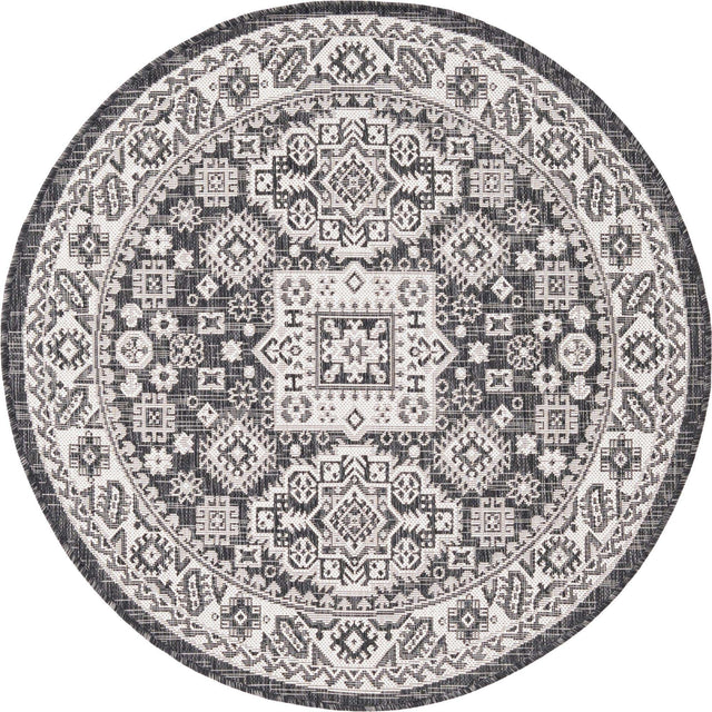 Charcoal Gray 4' 1 x 4' 1 Outdoor Aztec Round Area Rug Weather Resistant for Patio, Deck, Terrace, Balcony, Porch 100% Polypropylene Traditional Carpet Mat for Sale at Rug Engine