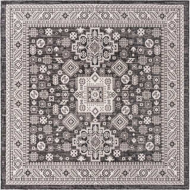 Charcoal Gray 7' 10 x 7' 10 Outdoor Aztec Square Area Rug Weather Resistant for Patio, Deck, Terrace, Balcony, Porch 100% Polypropylene Traditional Carpet Mat for Sale at Rug Engine