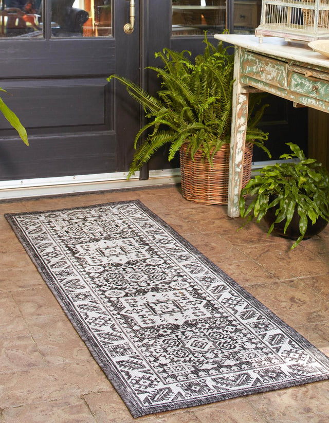 Charcoal Gray 2' 7 x 12' Outdoor Aztec Runner Area Rug Weather Resistant for Patio, Deck, Terrace, Balcony, Porch 100% Polypropylene Traditional Carpet Mat for Sale at Rug Engine