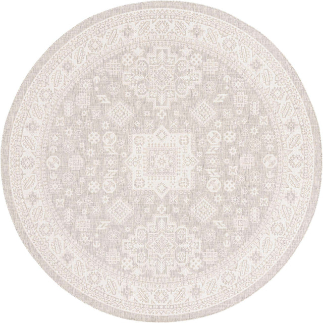 Light Gray 10' x 10' Outdoor Aztec Round Area Rug Weather Resistant for Patio, Deck, Terrace, Balcony, Porch 100% Polypropylene Traditional Carpet Mat for Sale at Rug Engine