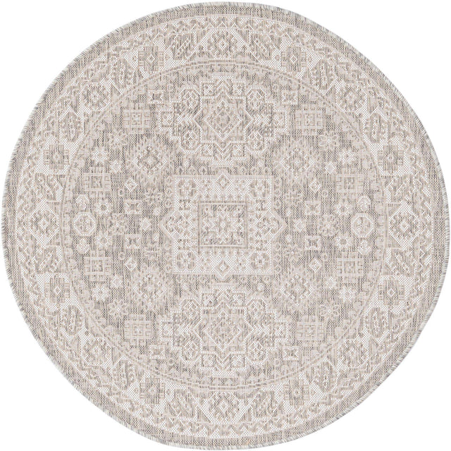 Light Gray 4' 1 x 4' 1 Outdoor Aztec Round Area Rug Weather Resistant for Patio, Deck, Terrace, Balcony, Porch 100% Polypropylene Traditional Carpet Mat for Sale at Rug Engine