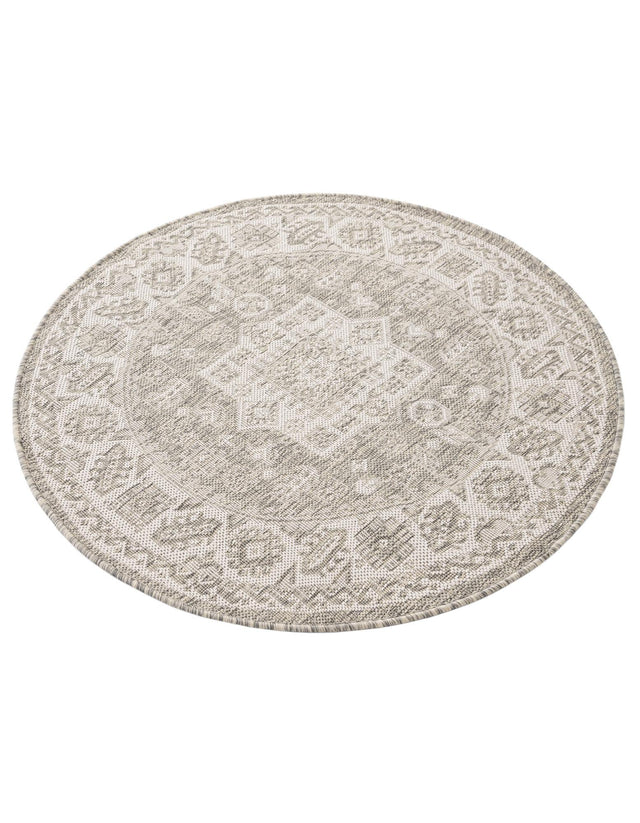 Light Gray 3' 1 x 3' 1 Outdoor Aztec Round Area Rug Weather Resistant for Patio, Deck, Terrace, Balcony, Porch 100% Polypropylene Traditional Carpet Mat for Sale at Rug Engine