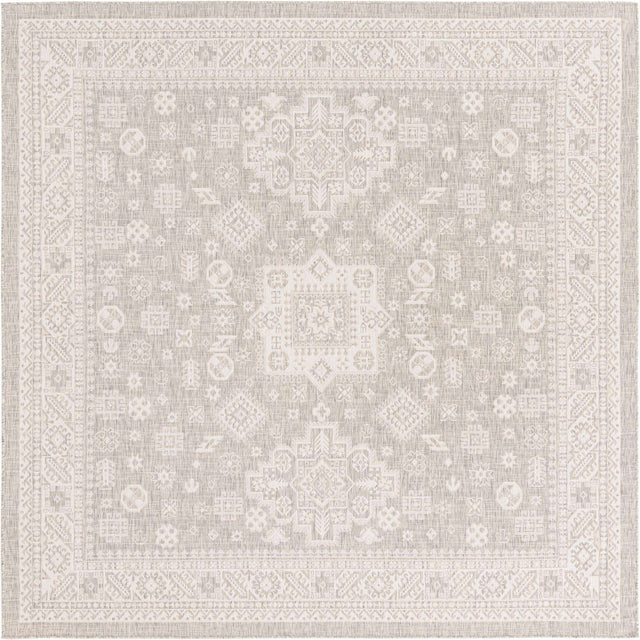 Light Gray 10' x 10' Outdoor Aztec Square Area Rug Weather Resistant for Patio, Deck, Terrace, Balcony, Porch 100% Polypropylene Traditional Carpet Mat for Sale at Rug Engine