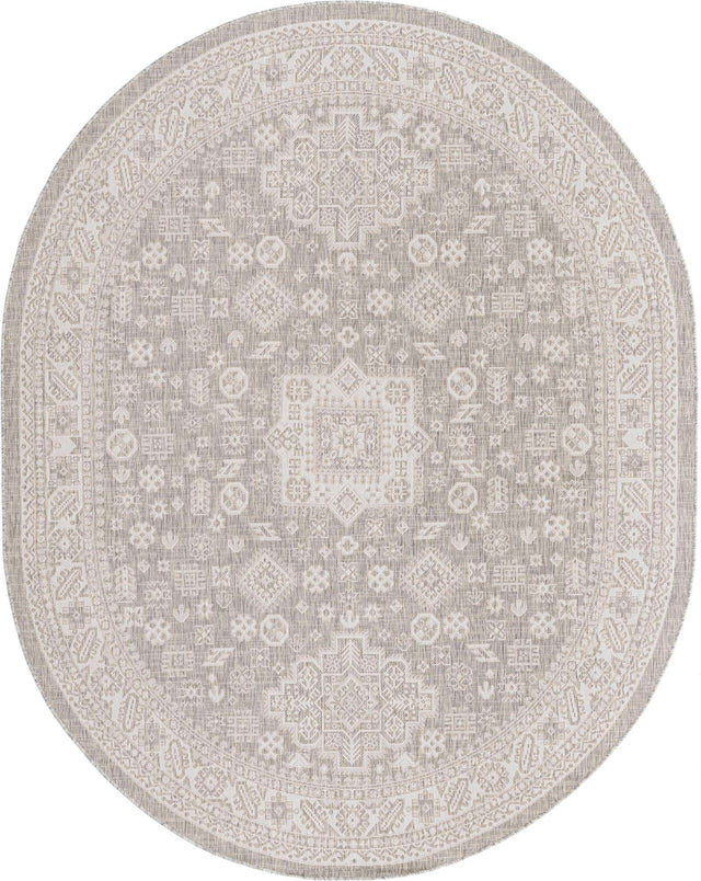 Light Gray 7' 10 x 10' Outdoor Aztec Oval Area Rug Weather Resistant for Patio, Deck, Terrace, Balcony, Porch 100% Polypropylene Traditional Carpet Mat for Sale at Rug Engine
