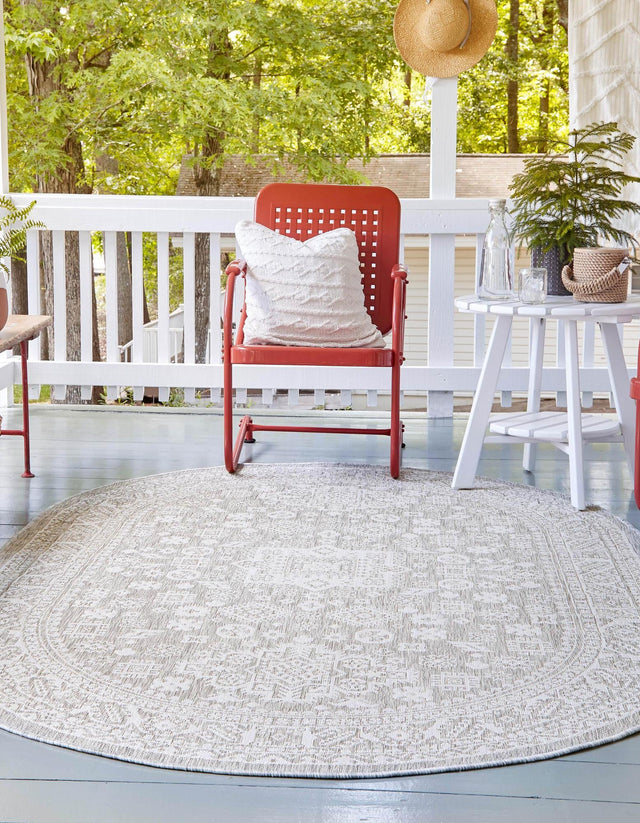Light Gray 7' 10 x 10' Outdoor Aztec Oval Area Rug Weather Resistant for Patio, Deck, Terrace, Balcony, Porch 100% Polypropylene Traditional Carpet Mat for Sale at Rug Engine