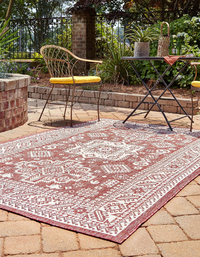 Rust Red 7' 10 x 10' Outdoor Aztec Rectangle Area Rug Weather Resistant for Patio, Deck, Terrace, Balcony, Porch 100% Polypropylene Traditional Carpet Mat for Sale at Rug Engine