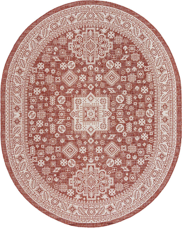 Rust Red 7' 10 x 10' Outdoor Aztec Oval Area Rug Weather Resistant for Patio, Deck, Terrace, Balcony, Porch 100% Polypropylene Traditional Carpet Mat for Sale at Rug Engine