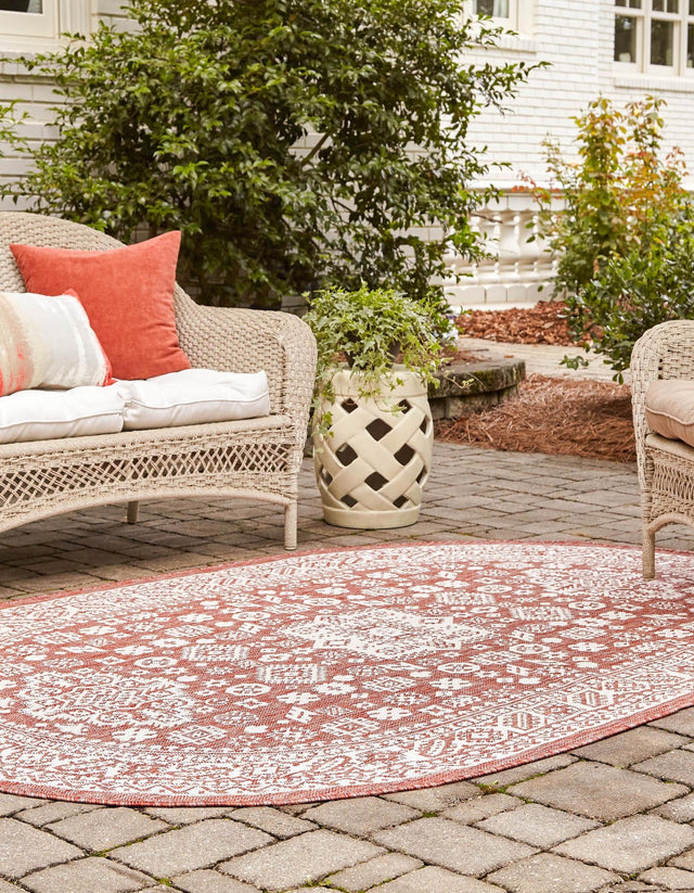 Rust Red 7' 10 x 10' Outdoor Aztec Oval Area Rug Weather Resistant for Patio, Deck, Terrace, Balcony, Porch 100% Polypropylene Traditional Carpet Mat for Sale at Rug Engine