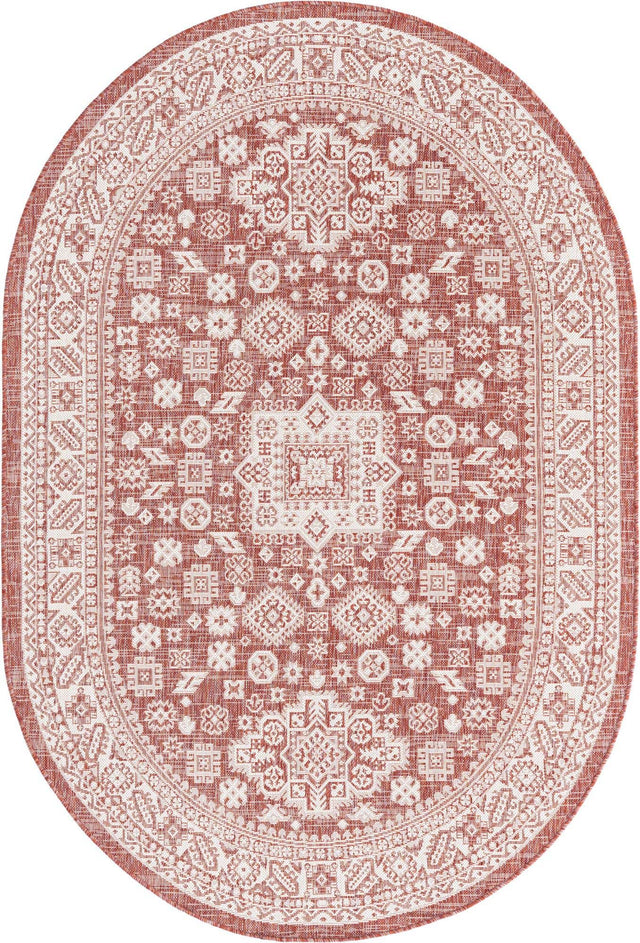 Rust Red 5' 3 x 8' Outdoor Aztec Oval Area Rug Weather Resistant for Patio, Deck, Terrace, Balcony, Porch 100% Polypropylene Traditional Carpet Mat for Sale at Rug Engine