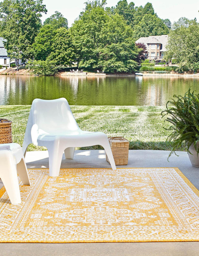 Yellow 10' x 14' 1 Outdoor Aztec Rectangle Area Rug Weather Resistant for Patio, Deck, Terrace, Balcony, Porch 100% Polypropylene Traditional Carpet Mat for Sale at Rug Engine