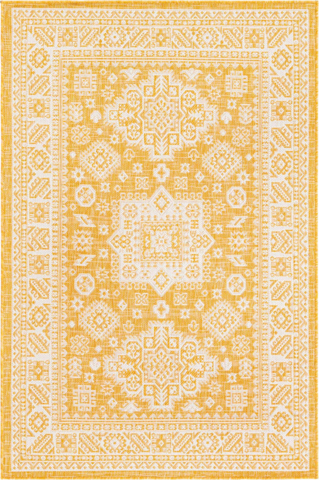 Yellow 4' 1 x 6' 1 Outdoor Aztec Rectangle Area Rug Weather Resistant for Patio, Deck, Terrace, Balcony, Porch 100% Polypropylene Traditional Carpet Mat for Sale at Rug Engine