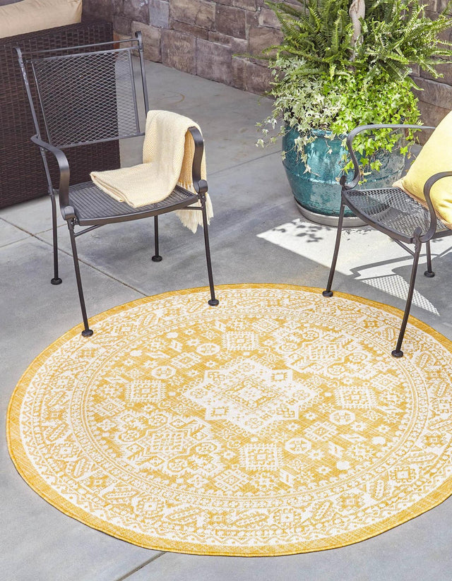 Yellow 3' 1 x 3' 1 Outdoor Aztec Round Area Rug Weather Resistant for Patio, Deck, Terrace, Balcony, Porch 100% Polypropylene Traditional Carpet Mat for Sale at Rug Engine