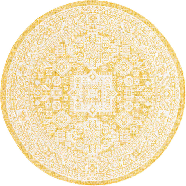 Yellow 5' 3 x 5' 3 Outdoor Aztec Round Area Rug Weather Resistant for Patio, Deck, Terrace, Balcony, Porch 100% Polypropylene Traditional Carpet Mat for Sale at Rug Engine