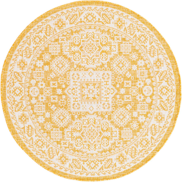 Yellow 4' 1 x 4' 1 Outdoor Aztec Round Area Rug Weather Resistant for Patio, Deck, Terrace, Balcony, Porch 100% Polypropylene Traditional Carpet Mat for Sale at Rug Engine
