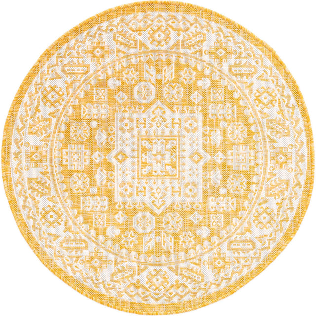 Yellow 3' 1 x 3' 1 Outdoor Aztec Round Area Rug Weather Resistant for Patio, Deck, Terrace, Balcony, Porch 100% Polypropylene Traditional Carpet Mat for Sale at Rug Engine