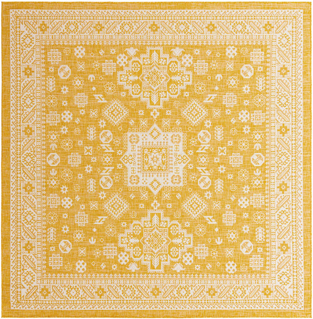 Yellow 10' x 10' Outdoor Aztec Square Area Rug Weather Resistant for Patio, Deck, Terrace, Balcony, Porch 100% Polypropylene Traditional Carpet Mat for Sale at Rug Engine