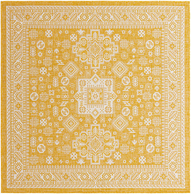 Yellow 7' 10 x 7' 10 Outdoor Aztec Square Area Rug Weather Resistant for Patio, Deck, Terrace, Balcony, Porch 100% Polypropylene Traditional Carpet Mat for Sale at Rug Engine