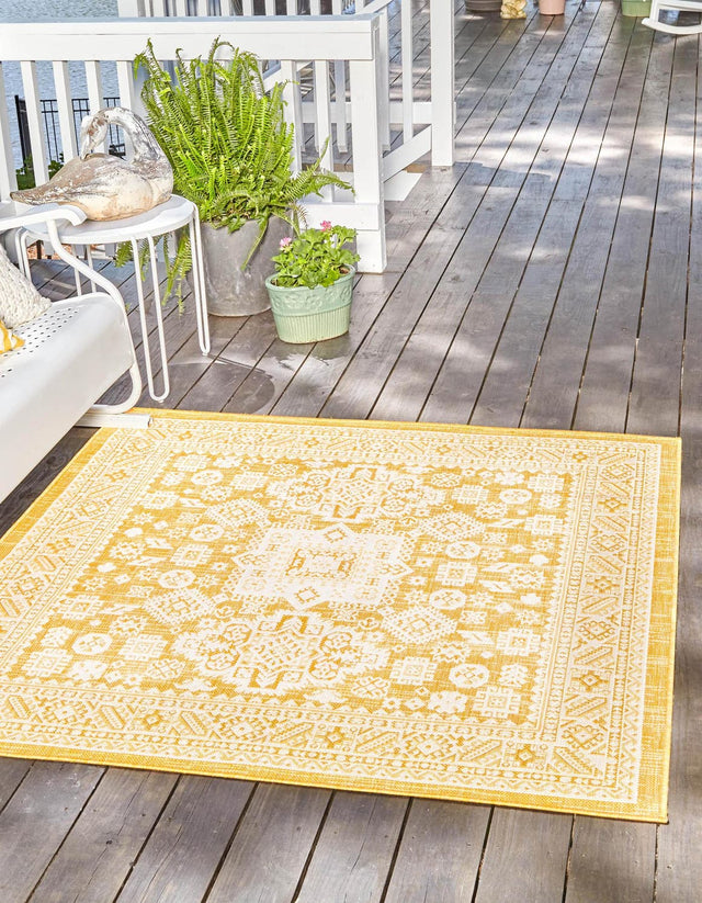 Yellow 10' x 10' Outdoor Aztec Square Area Rug Weather Resistant for Patio, Deck, Terrace, Balcony, Porch 100% Polypropylene Traditional Carpet Mat for Sale at Rug Engine