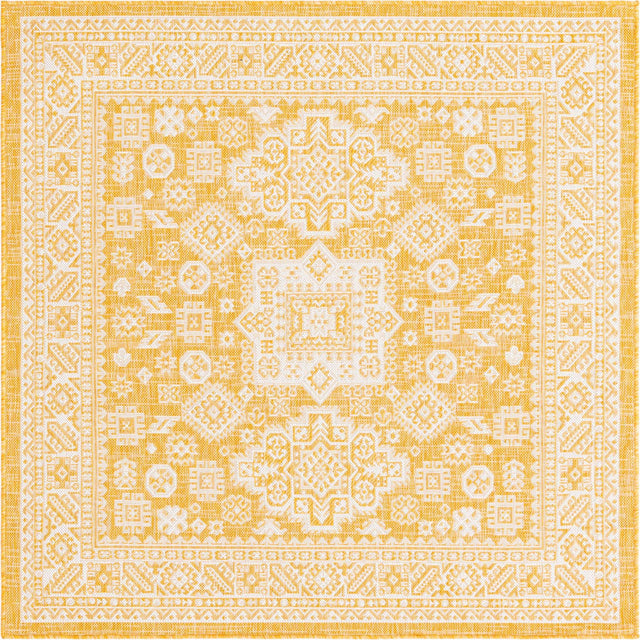 Yellow 5' 3 x 5' 3 Outdoor Aztec Square Area Rug Weather Resistant for Patio, Deck, Terrace, Balcony, Porch 100% Polypropylene Traditional Carpet Mat for Sale at Rug Engine