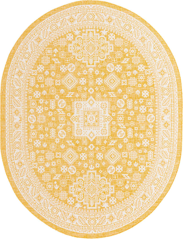 Yellow 7' 10 x 10' Outdoor Aztec Oval Area Rug Weather Resistant for Patio, Deck, Terrace, Balcony, Porch 100% Polypropylene Traditional Carpet Mat for Sale at Rug Engine