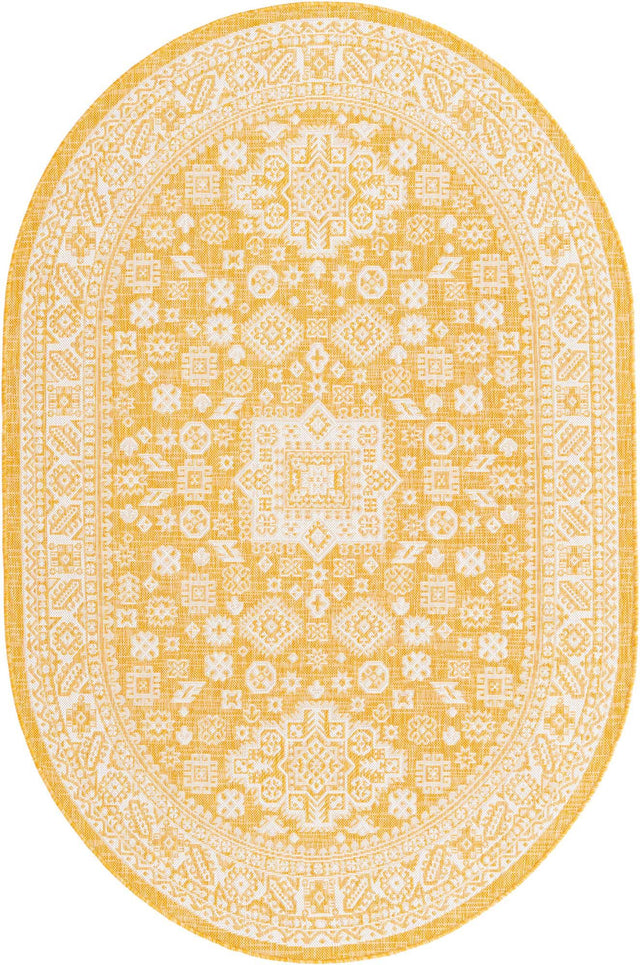 Yellow 5' 3 x 8' Outdoor Aztec Oval Area Rug Weather Resistant for Patio, Deck, Terrace, Balcony, Porch 100% Polypropylene Traditional Carpet Mat for Sale at Rug Engine