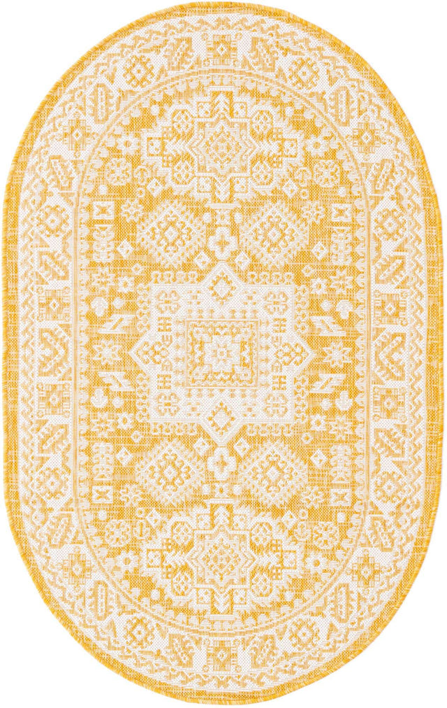 Yellow 3' 1 x 5' 3 Outdoor Aztec Oval Area Rug Weather Resistant for Patio, Deck, Terrace, Balcony, Porch 100% Polypropylene Traditional Carpet Mat for Sale at Rug Engine