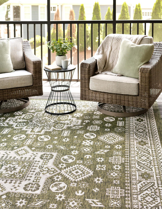 Green 7' 10 x 11' Outdoor Aztec Rectangle Area Rug Weather Resistant for Patio, Deck, Terrace, Balcony, Porch 100% Polypropylene Traditional Carpet Mat for Sale at Rug Engine