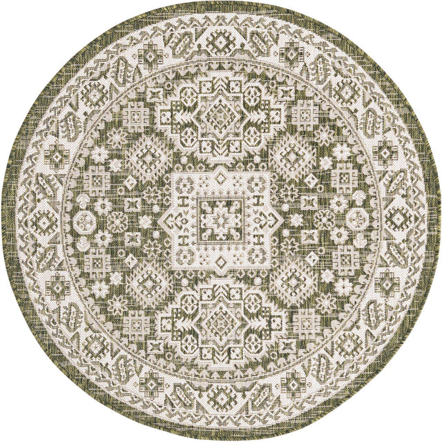 Green 4' 1 x 4' 1 Outdoor Aztec Round Area Rug Weather Resistant for Patio, Deck, Terrace, Balcony, Porch 100% Polypropylene Traditional Carpet Mat for Sale at Rug Engine