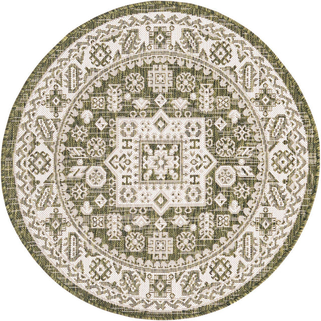 Green 3' 1 x 3' 1 Outdoor Aztec Round Area Rug Weather Resistant for Patio, Deck, Terrace, Balcony, Porch 100% Polypropylene Traditional Carpet Mat for Sale at Rug Engine
