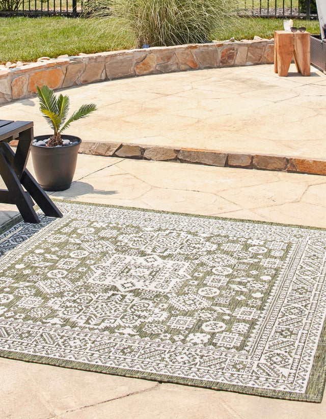 Green 13' 1 x 13' 1 Outdoor Aztec Square Area Rug Weather Resistant for Patio, Deck, Terrace, Balcony, Porch 100% Polypropylene Traditional Carpet Mat for Sale at Rug Engine