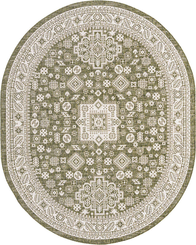 Green 7' 10 x 10' Outdoor Aztec Oval Area Rug Weather Resistant for Patio, Deck, Terrace, Balcony, Porch 100% Polypropylene Traditional Carpet Mat for Sale at Rug Engine