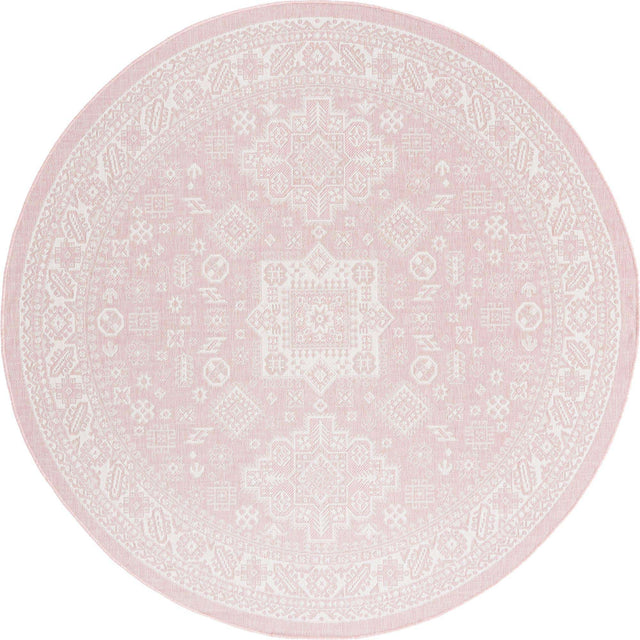 Pink 7' 10 x 7' 10 Outdoor Aztec Round Area Rug Weather Resistant for Patio, Deck, Terrace, Balcony, Porch 100% Polypropylene Traditional Carpet Mat for Sale at Rug Engine