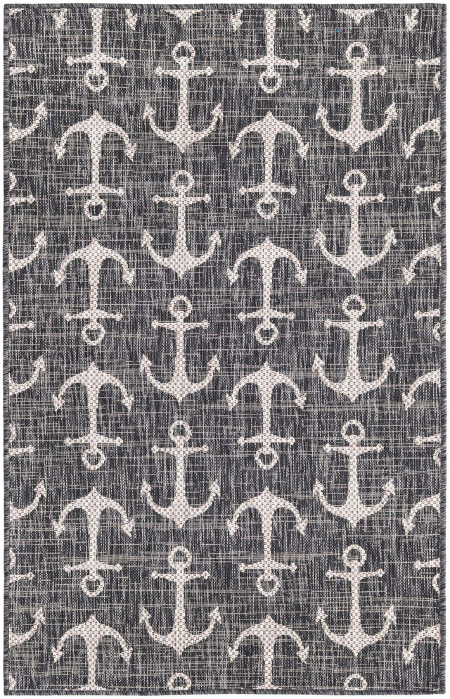 Charcoal 3' 1 x 5' 3 Outdoor Coastal Rectangle Area Rug Weather Resistant for Patio, Deck, Terrace, Balcony, Porch 100% Polypropylene Coastal Decor Carpet for Sale at Rug Engine