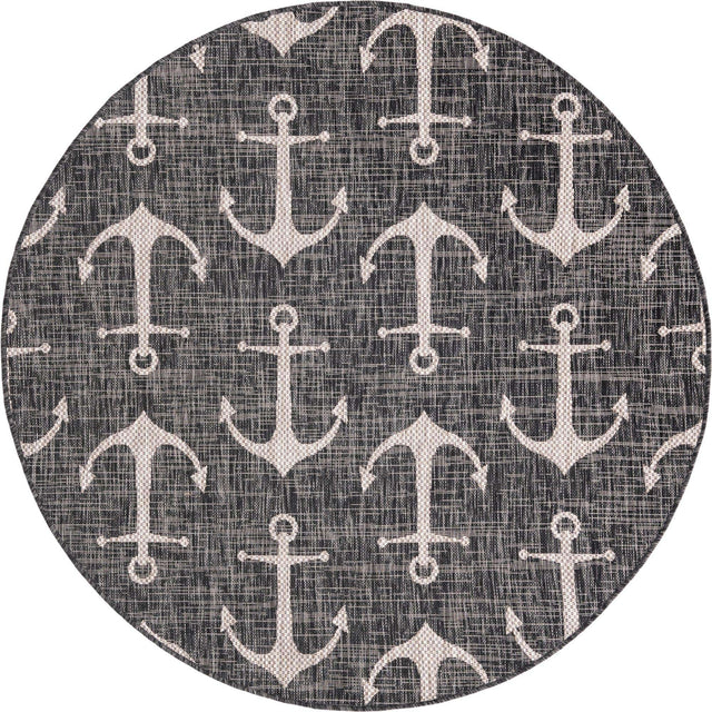 Charcoal 5' 3 x 5' 3 Outdoor Coastal Round Area Rug Weather Resistant for Patio, Deck, Terrace, Balcony, Porch 100% Polypropylene Coastal Decor Carpet for Sale at Rug Engine