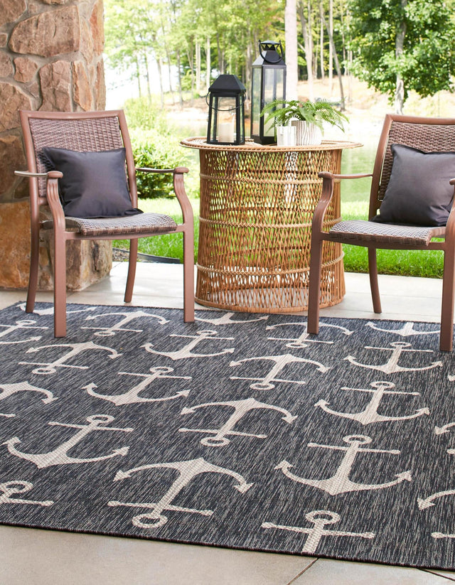 Charcoal 5' 3 x 5' 3 Outdoor Coastal Square Area Rug Weather Resistant for Patio, Deck, Terrace, Balcony, Porch 100% Polypropylene Coastal Decor Carpet for Sale at Rug Engine