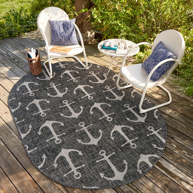 Charcoal 3' 1 x 5' 3 Outdoor Coastal Oval Area Rug Weather Resistant for Patio, Deck, Terrace, Balcony, Porch 100% Polypropylene Coastal Decor Carpet for Sale at Rug Engine